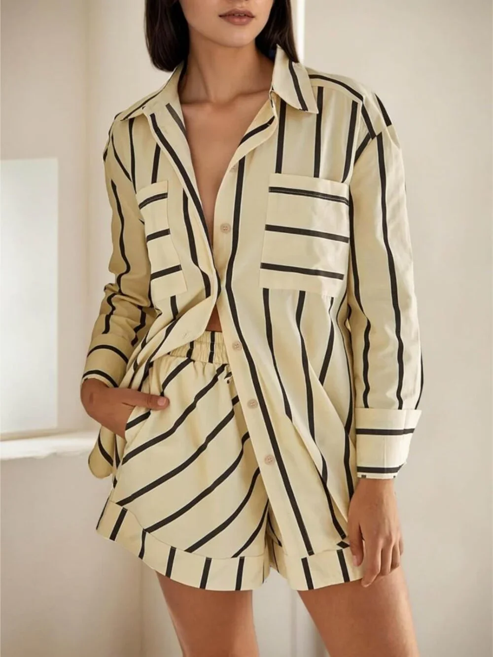 Womens Striped 2 Piece Outfits Button Down Shirts and Shorts Lounge Matching Set